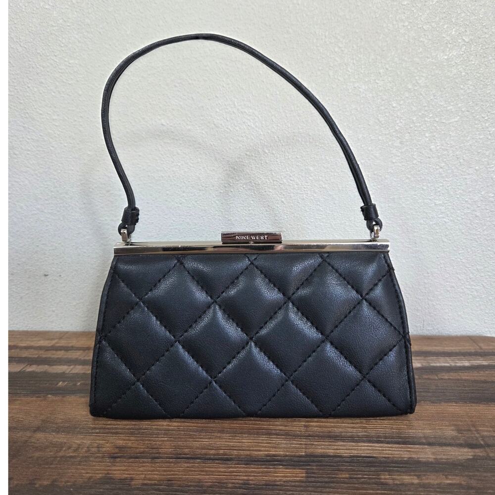 Nine West Black Diamond Quilted Clutch Mini Handbag Gold Metal Kiss Lock